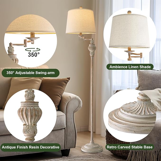 Vintage Floor Lamp with 350° Adjustable Swing Arm 61" Lamps for Living Room | Antique Standing Lamp, Retro White Bedroom Floor Lamp, Mid Century Farmhouse Rustic Traditional Brass Tall Swivel Pole Lamp