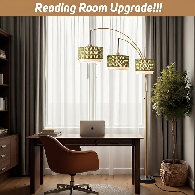 80'' Gold Rattan Arc Floor Lamp for Living Room, 3-Light Boho Tree Lamp | Heavy Natural Marble Base, 1/2/3-Light Rotary Switch,Double-layer Green Wicker/Fabric Shades for Coastal Style,8 ft+ Ceilings
