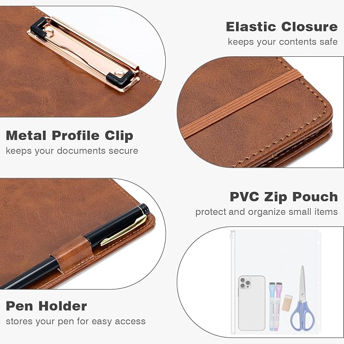 Eyrozill Professional Leather Portfolio with Clipboard, Zipper Pouch, 5 Sheets Plastic Dividers，Leather 3 Ring Binder 8.5 x 11, 2-inch Round Rings, Brown