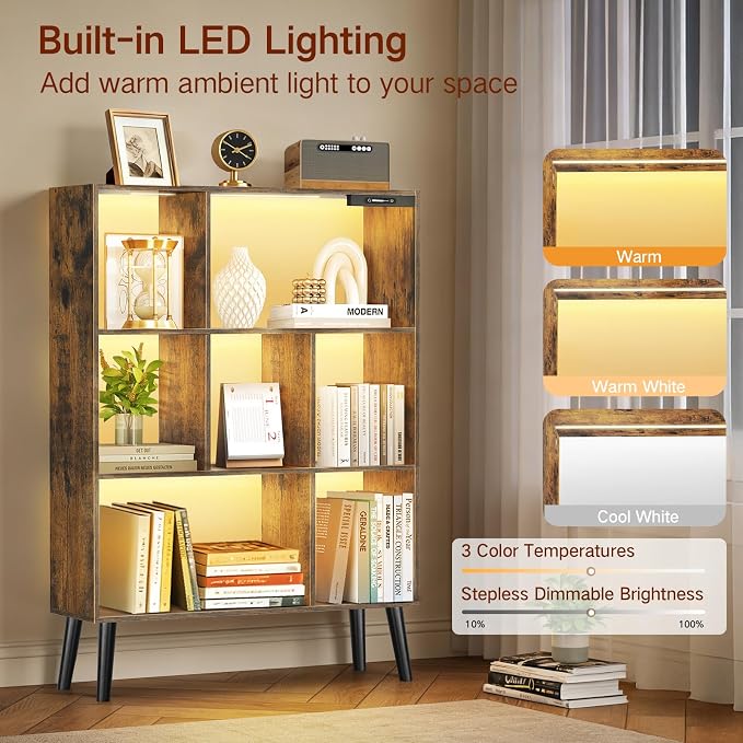 7-Cube Bookshelf with LED Lights, Touch & Remote Control, Freestanding Open Bookcase Storage Shelf, Dimmable Modern Wooden Display Organizer with Legs for Living Room, Bedroom (Rustic Brown)