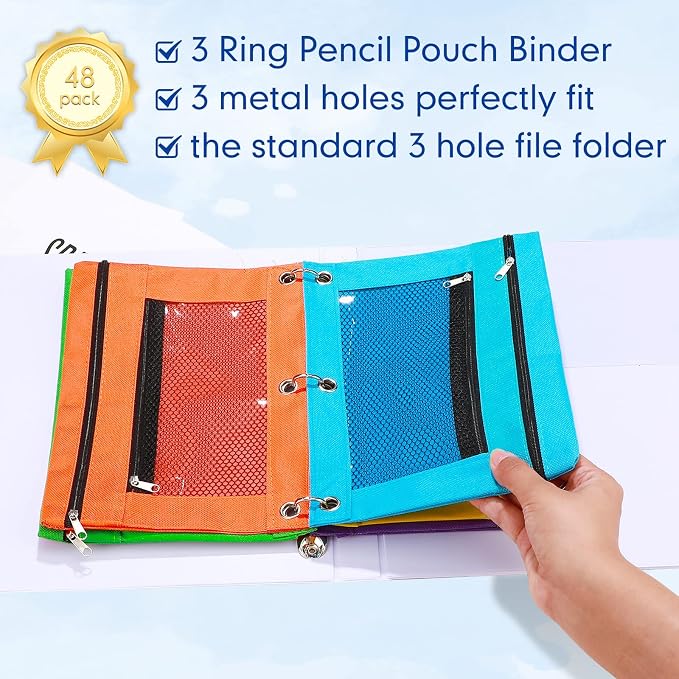 Leelosp 48 Pack Pencil Pouch for 3 Ring Binder,Classic Color | Bulk Mesh Zipper Binder Pouches Pencil Boxes for Classroom Pencils Case Bags for Storing School Students Teacher Supplies