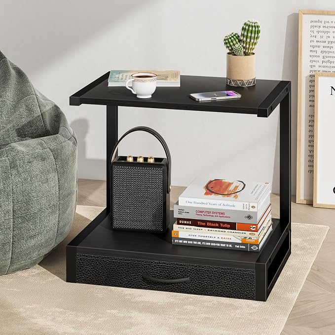 YAOHUOO 2-Tier Desktop Printer Stand with Fabric Drawer,17.3"x11.8" Black | Printer Table with Storage Shelf,Desk Organizer for Home Office,Fit Printer,Fax Machine,Scanner,Space Saving for Two Monitors