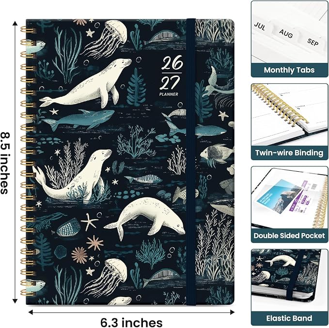 Taja Planner 2026-2027, Jul 2026-Jun 2027 Monthly & Weekly Calendar Planner | 6.3" x 8.5", Hardcover Academic Calendar, Teacher Student Agenda Book with Tabs, School Office Supplies, Secret Sea