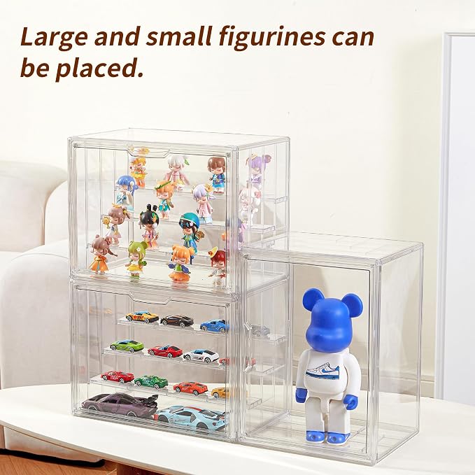 4 Layer Stackable Acrylic Figure Case for Collectibles Display Box,4 Pack | Removable Adjustable Partitions & Magnetic Door,Interlocking Stable Design,Dustproof Cover for Figurine Storage