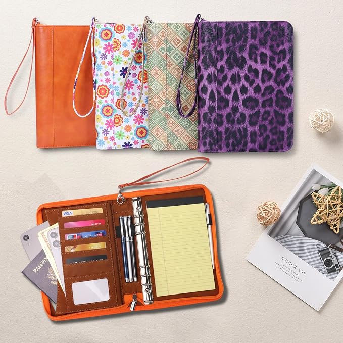 A5 Binder 6 Ring with Zipper, Portable Planner for Travel & Study | Faux leather A5 planner with detachable 6 rings, lined pages, pouches, card slots and pen holder for daily use.
