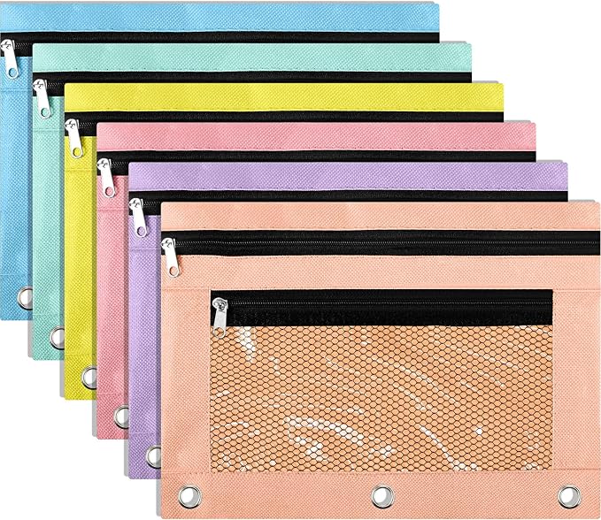 Kosiz 6 Pcs Pencil Pouch for 3 Ring Binder, 2 Layer Zipper Big Capacity Pencil Case with Mesh Window, Wear Resistant Oxford Fabric, Multicolored for Student Teacher (Macaron Color)