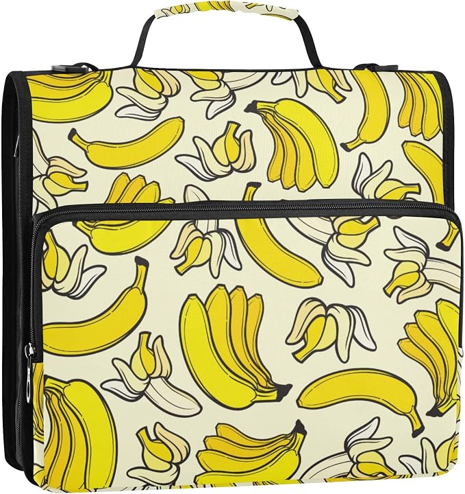 Fisyme Yellow Banana Zipper Binder 3 Ring with Zipper and Shoulder Strap Large Capacity Multi-Pocket Zipper Binder Organizer