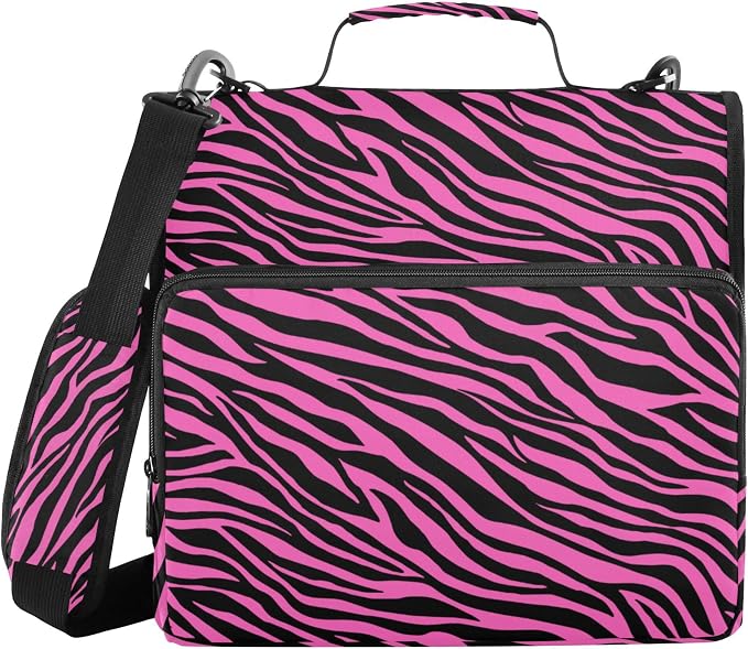 Fisyme Pinks Zebra Print Zipper Binder 3 Ring with Zipper and Shoulder Strap Large Capacity Multi-Pocket Binder Organizer