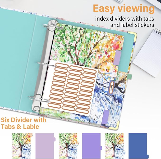 3 Ring Binder 3 Inch Ring, Three Ring Binders for Letter Size 11" x 8.5" with 6-Tab Dividers, 2 Pockets, Binder with Clip for School and Office Supplies-Tree Seasons