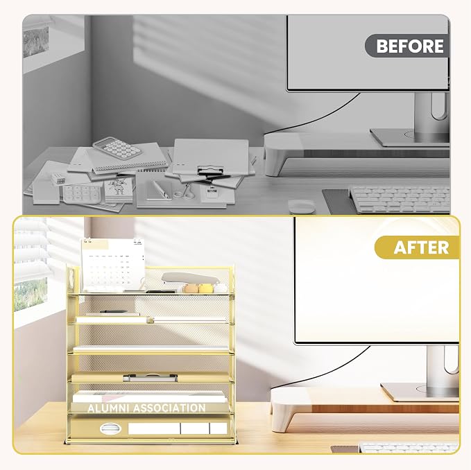 Daltack 6-Tier Paper Organizer for Desk with Handle, Gold, 2 Pack | Sturdy Metal Mesh Organizer with Movable Middle Trays and a Carry Handle for Papers, Folders and Office Supplies