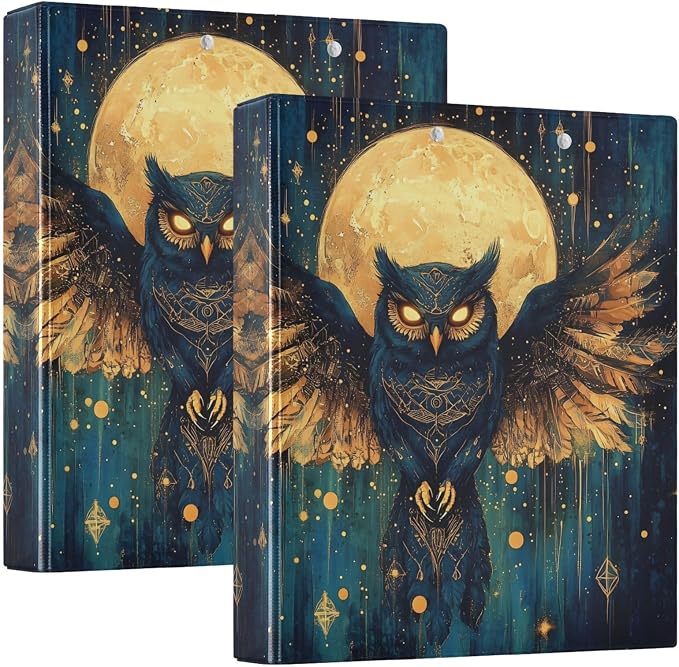 3 Ring Binder Owl Moon Moth Moon 1.5 inch Binders Three Ring Binders with Clipboard Fit 8.5'' x 11'' Paper 3 Interior PVC Clear Pockets for Office Supplies