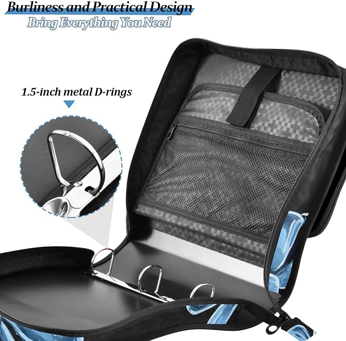 Blue Bow Print 3 Ring Zipper Binder Bag Binder Organizer with Handle Shoulder Strap for School Work Office Supplies