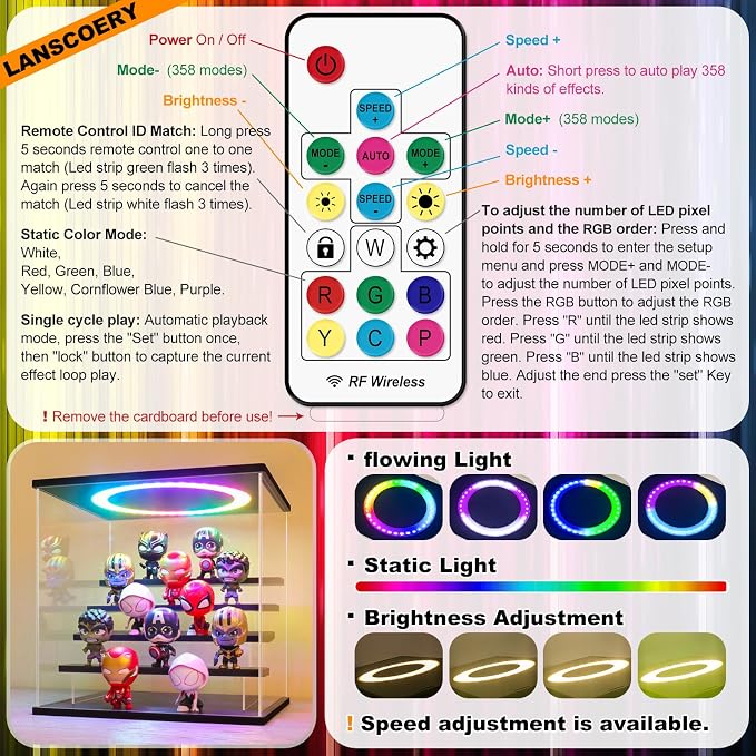 LANSCOERY Acrylic Display Case with RGBW Lights, 5 Tier Black | 11.8 x 11 x 11.8 in case displays small figures on desks or shelves with tiered rows and front access.
