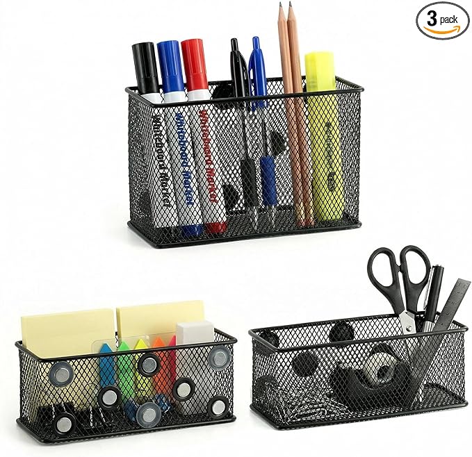 Neudeco Magnetic Locker Shelf Organizer, Black, Pack of 3 | Pencil Holder, Metal Storage Basket, For Whiteboard & Refrigerator, Ideal for School