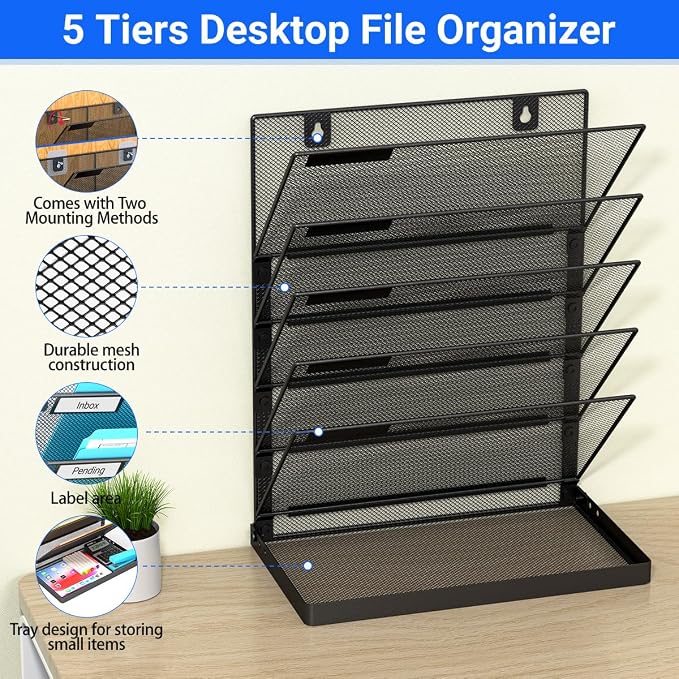 Legal /A4/ Letter Size Hanging Wall File Organizer Desktop File Organizer,6-Tier Wall Mount/Self Standing Paper Document Folder Holder,Mesh Magazine Rack for Office Home, Black ﻿