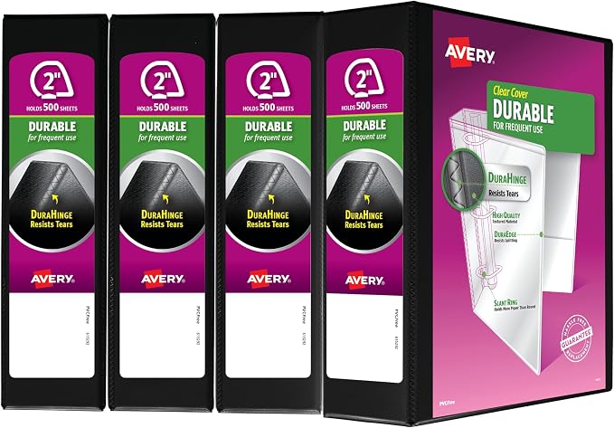 Avery Durable View 3 Ring Binder, 2 Inch Slant Rings, 4 Black Binders (17031)