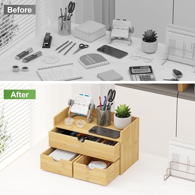 Bamboo Desk Organizer with Drawers, Desktop Storage Box for Office Supplies | 3 Drawers Desktop organizer, No Assembly Required, Natural Wood Wooden Desktop Drawers for Bills, Cosmetics, Seals, Paper