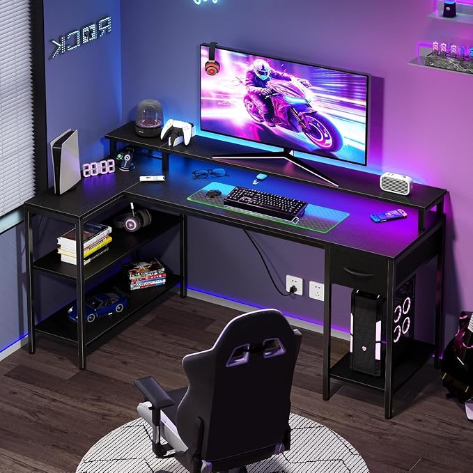 Alpen L Shaped Gaming Desk, 47 Inch Computer Desks with Drawers, Corner Desk Gaming Table with LED Lights & Power Outlets, Monitor Stand, Home Office Desk for Living Room, Bedroom, Black