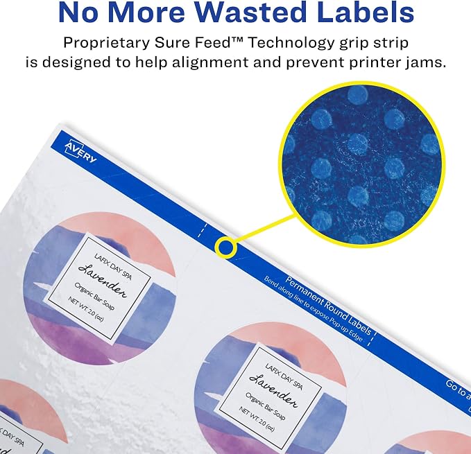 Avery Printable Round Labels with Sure Feed, 2.5" Diameter, Glossy White, 90 Customizable Labels (22830)