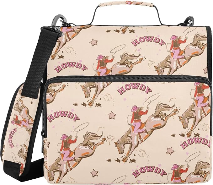 Fisyme Cowgirl Western Vintage Zipper Binder 3 Ring with Zipper and Shoulder Strap Large Capacity Multi-Pocket Zipper Binder Organizer