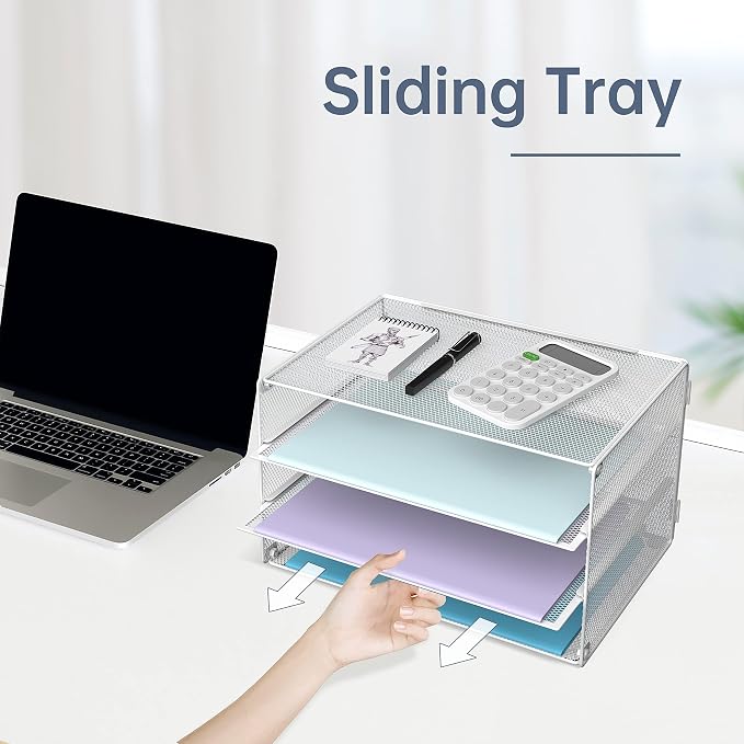 DALTACK 3 Tier Letter Tray Paper Organizer with Sliding Trays 2 Pack White | Metal Mesh File Organizer with Sliding Trays for Letter and A4 Paper, Mail, Bills, Folders and Office Documents