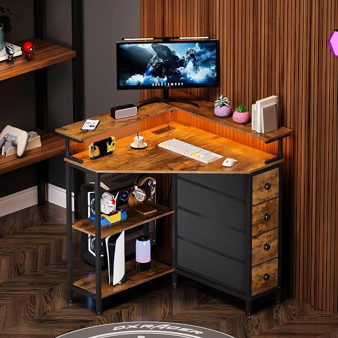 VENNQD Corner Desk with Drawers Shelves for Small Space 90 Degrees Triangle Computer Desk with Power Outlets,Gaming Desk with LED Lights Monitor Stand for Home Office Workstation Writing Table (Brown)