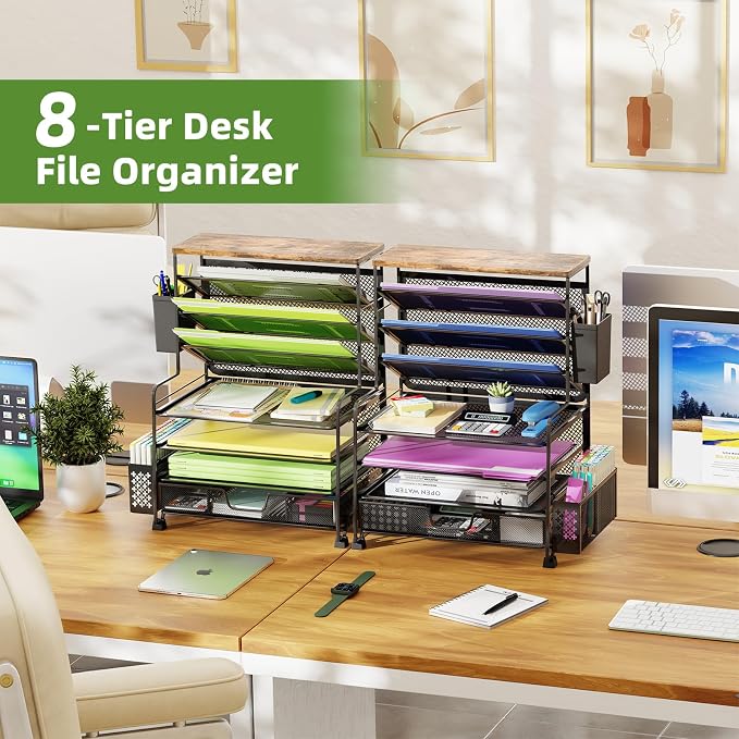 Ekisemio 8 Tier Desk File Organizer with Sliding Drawer, Desktop Organizers and Accessories, Letter Size File Organizer for Desk, Black