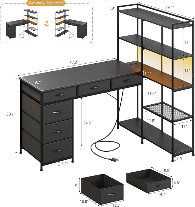 L Shaped Gaming Desk with Power Outlet & RGB Lights, Corner Computer Desk with 6 Drawers 5-Tier Shelves, PC Workstation with USB/Type-c Charging for Home Office, Black