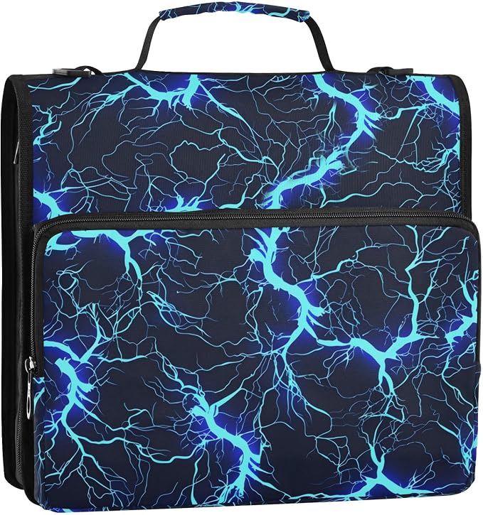Blue Black Electric Lightning 3 Ring Binder Bag 1.5 inch Binder Organizer with Zipper Shoulder Strap 500 Sheet Documents Storage for School Office