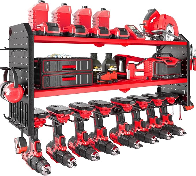 KAFAHOM Power Tool Organizer, Large 8 Drill Holder Wall Mount with 2 Side Pegboards, Heavy Duty Metal Tool Shelf with 12 Hooks, Storage Rack for Garage Organization, Utility Battery Shelves - Red