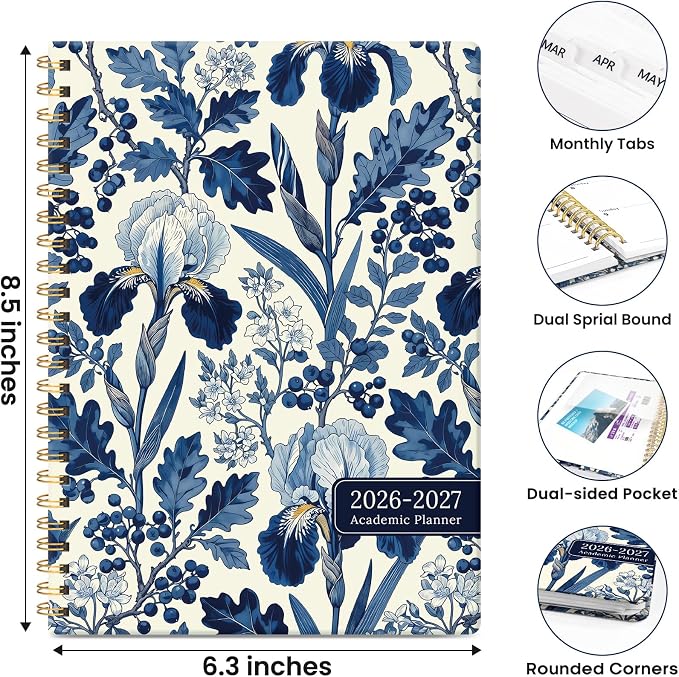 Planner 2026-2027, Academic Year Monthly & Weekly Planner Caledndar, July 2026 - June 2027, Hardcover Large Planning Agenda Book with Tabs for School Office Supplies, 6.3" x 8.5" - Blue Heirloom