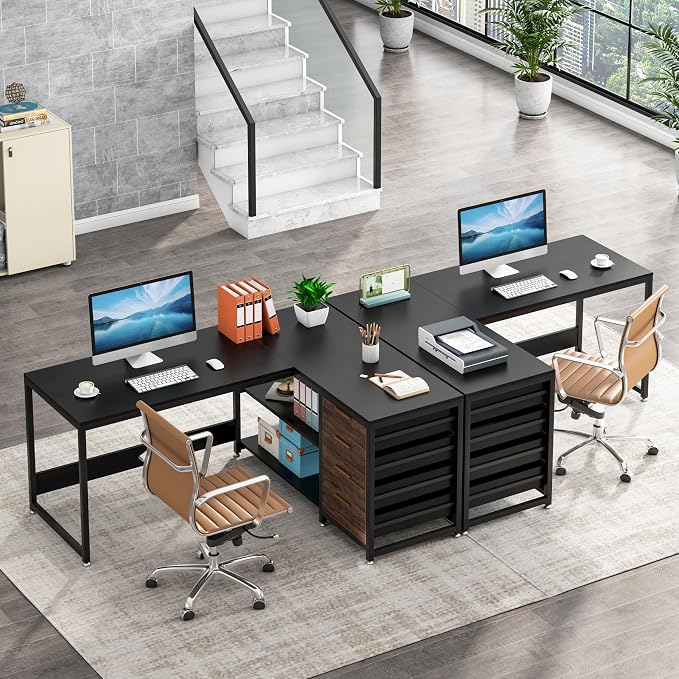 LITTLE TREE 59-Inch L Shaped Desk with Drawers, Large Computer Desk with Storage Shelves, Reversible L-Shaped Corner Desk Workstation for Home Office