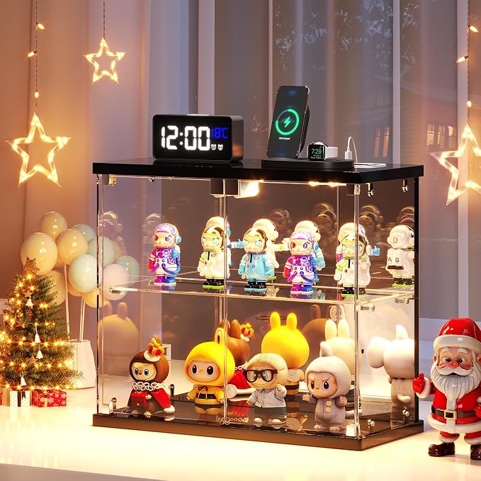 Dystler Glass Display Case with LED Lights, Small 2-Tier for Figures | Lighted Display Cabinet with Motion Sensor, Clear Tempered Glass Door, USB-C Charging Hub for Collectibles, Rocks, Tabletop