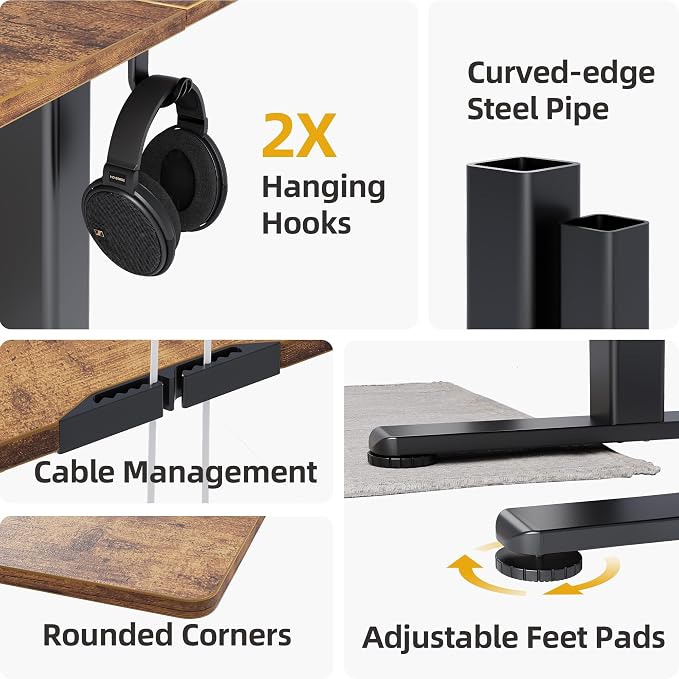 Claiks Electric Height Adjustable Standing Desk, 63x24 Inch, Rustic Brown | Smooth Height Adjustment, 3 Memory Presets, Cable Management Hub&Hook, Stable Steel Frame, 176lbs Capacity, Easy Assembly