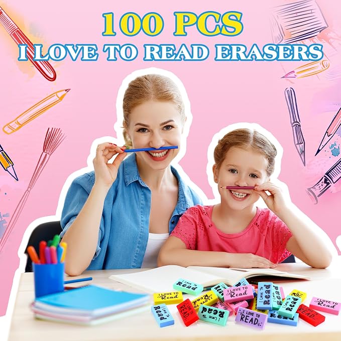 Dunzoom 100 Pcs Inspirational Erasers for Kids Back to School Gifts I Love to Read Small Colorful Pencil Erasers for Students Classroom Cute Motivational Gift for Drawing School Office Supplies