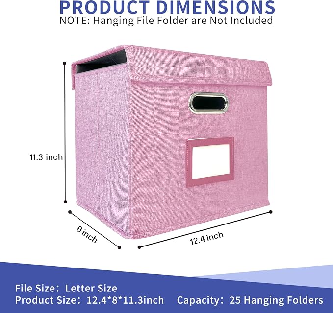 2 Pack Hanging File Folder Box with Lid, Durable Letter Size Filing Storage Box, Sturdy File Holder with Cardboard Support PVC Rails for Office Home Organizer, Pink