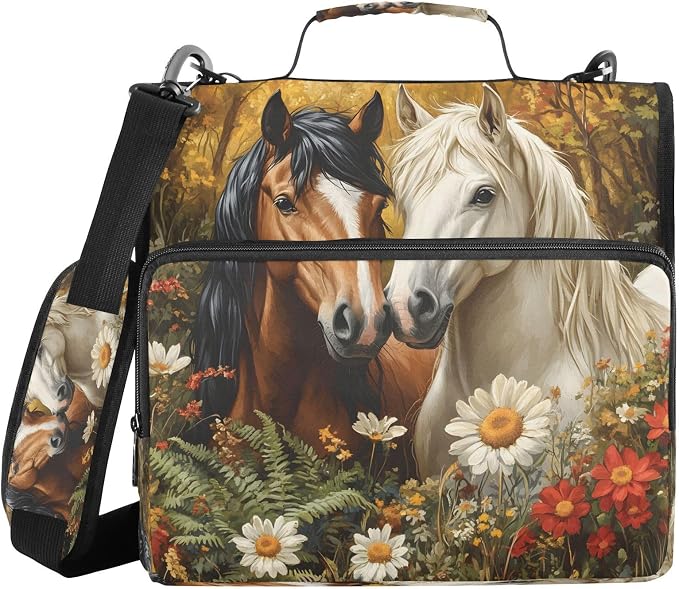 ALAZA Zipper Binder 3 Ring Oil Patting Horses Binder Organizer with Zipper and Shoulder Strap Large Capacity Multi-Pocket Trapper Keeper File Folder for Office Supplies