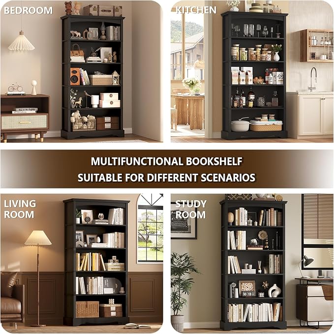 TVU 5-Tier Wooden Bookshelf, 31.5" W x 65" H ×9.9" D Bookshelf with Storage, Floor Standing Modern Style Display Bookcase for Living Room, Office, Study Room, Entryway, Black