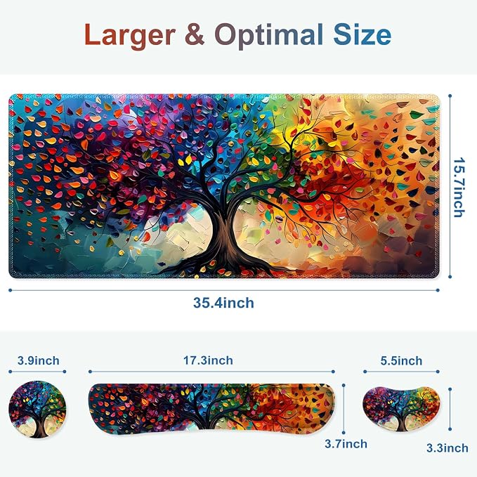 Large Gaming Mouse Pad Set, 4 in 1 Ergonomics Keyboard Desk Mat with Memory Foam Wrist Rest, Computer Extended Game Mousepad, Non-Slip Desk Matt Easy Typing Pain Relief I Colorful Tree Leave