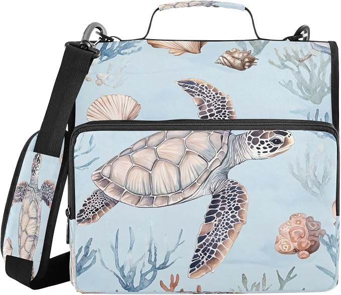 3 Ring Zipper Binder Watercolor Sea Turtle Binder Organizer Portfolio with File and Shoulder Strap & Handle Large Capacity File Folder