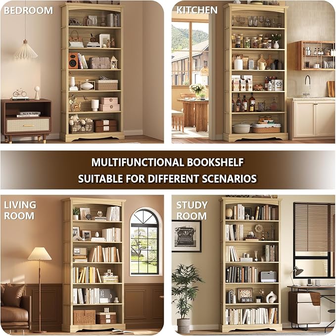 TVU 6-Tier Wooden Bookshelf, 76 Inch Tall Bookshelf with Storage, Floor Standing Modern Style Display Bookcase for Living Room, Office, Study Room, Entryway, Natural Wood Color