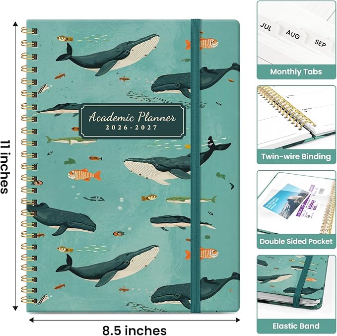 Taja Planner 2026-2027, Jul 2026-Jun 2027 Monthly & Weekly Calendar Planner | 8.5" x 11", Hardcover Academic Calendar, Teacher Student Agenda Book with Tabs, School Office Supplies, Depths Whale
