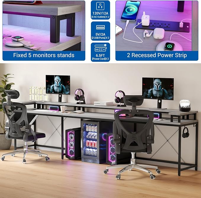 Reversible u Shaped to l Shaped Computer Desk with RGB Lighting & Charging Station, 79 Inch Home Office Workstation with Full Monitor Stand, Heavy Duty Gaming Desk Supporting 600LBS, Multiple Color Op