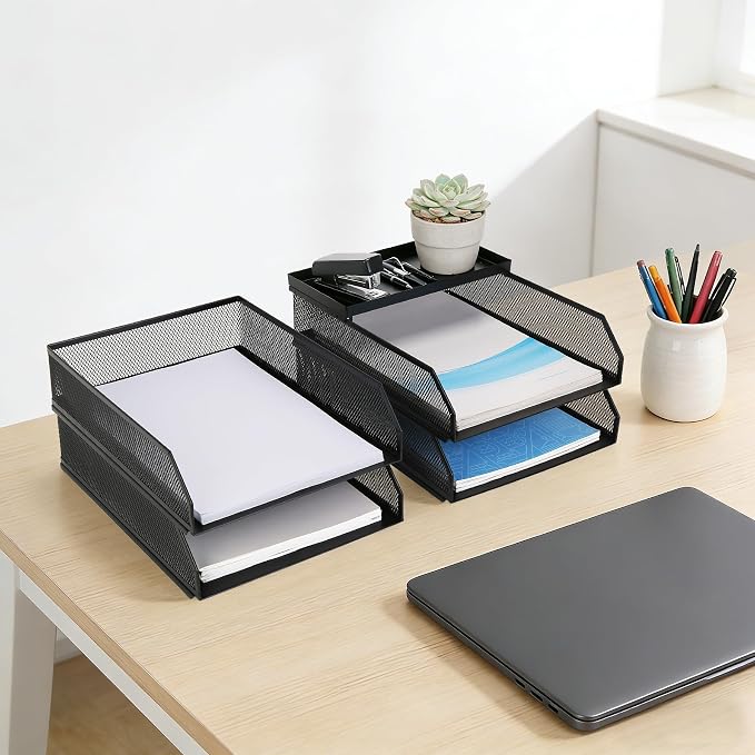 4 Tier Paper Tray Organizer for Desk, Stackable Office Organization | Metal Mesh Desk Trays, File Storage, Paper Sorter Organizer for Letter/A4 Office File Folder Holder, Black