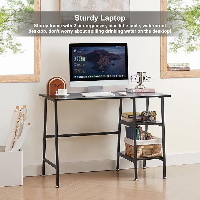 VECELO 43.1 Inch Computer Desk Home Office Black Study Desk Work Office Table with Shelves Wooden Desk for Bedroom 2 Set