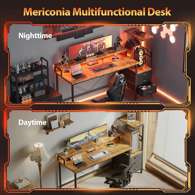 68 inch Gaming Desk with Drawers, Reversible Computer Desk, Brown | Gamer Desk with LED Lights, Power Outlets & Monitor Stand, Large Office Table for Home Bedroom Study Work Writing