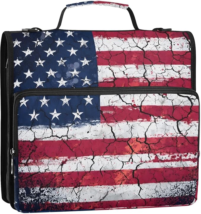 Retro American Flag 3 Ring Binder Bag 1.5 inch Binder Organizer with Zipper Shoulder Strap 500 Sheet Documents Storage for School Office