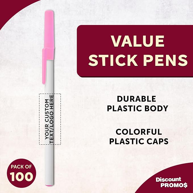 DISCOUNT PROMOS Custom Value Stick Pens Set of 100, Personalized Bulk Pack - Black Ink, Great for Office, School, Business, Tradeshows, Events - Pink