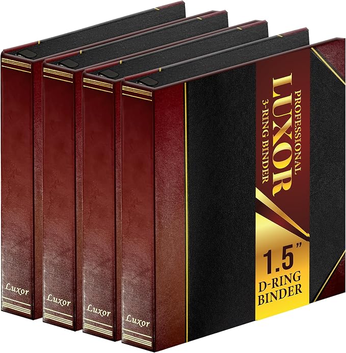 Performore 4 Pack of Professional Luxor 3 Ring Binder 1.5 Inch Locking Slant Angle D-Rings, Maroon Turned Edge Flat, Durable Heavy Duty Presentation Folder Binder for Documents Paper Files Projects