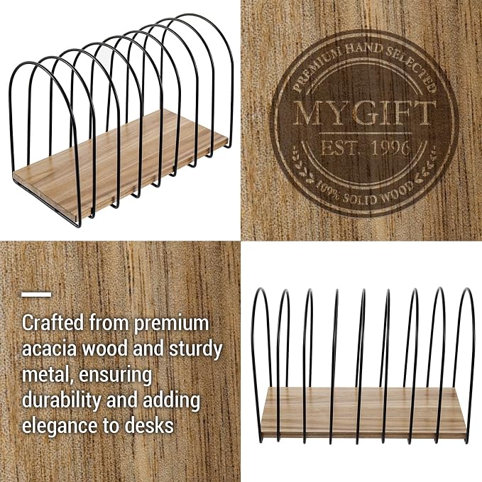 MyGift 14 Inch Large Desktop Document Holder, Premium Acacia Solid Wood and Black Metal Wire Arch 8 Section File Folder Storage Rack, Office Desk Organizer